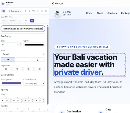 Tampilan editor dashboard Macroweb dengan pratinjau website